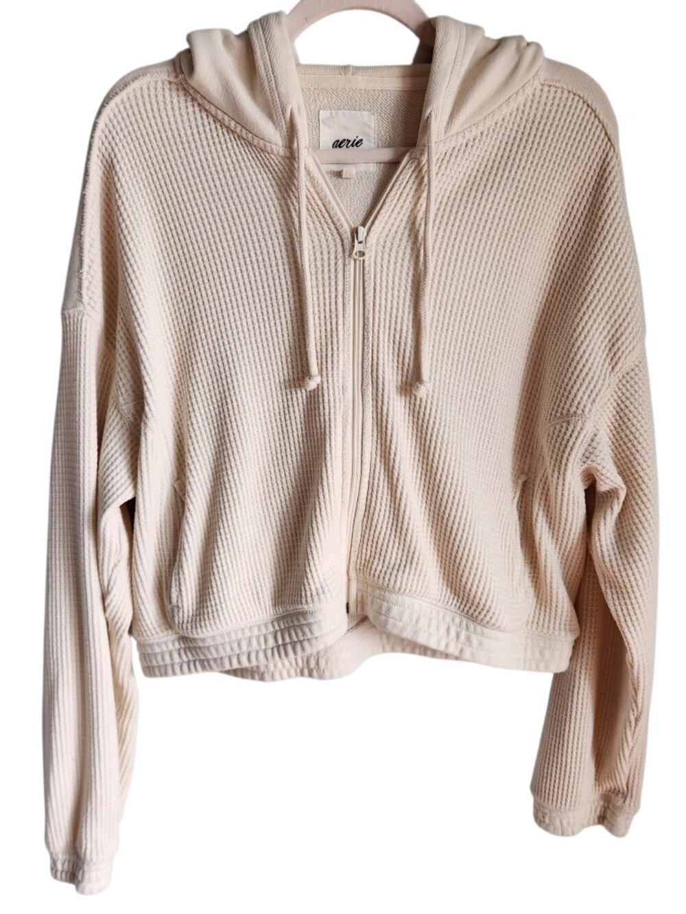 Aerie Sweatshirt Cream Ivory XL Women's Waffle Knit Hoodie Full Zip Cropped